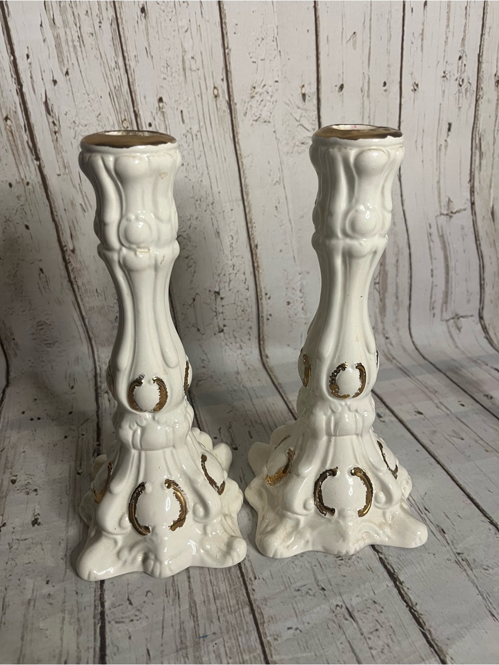 Vintage White Ceramic Candlestick Holders Gold Trim Pair